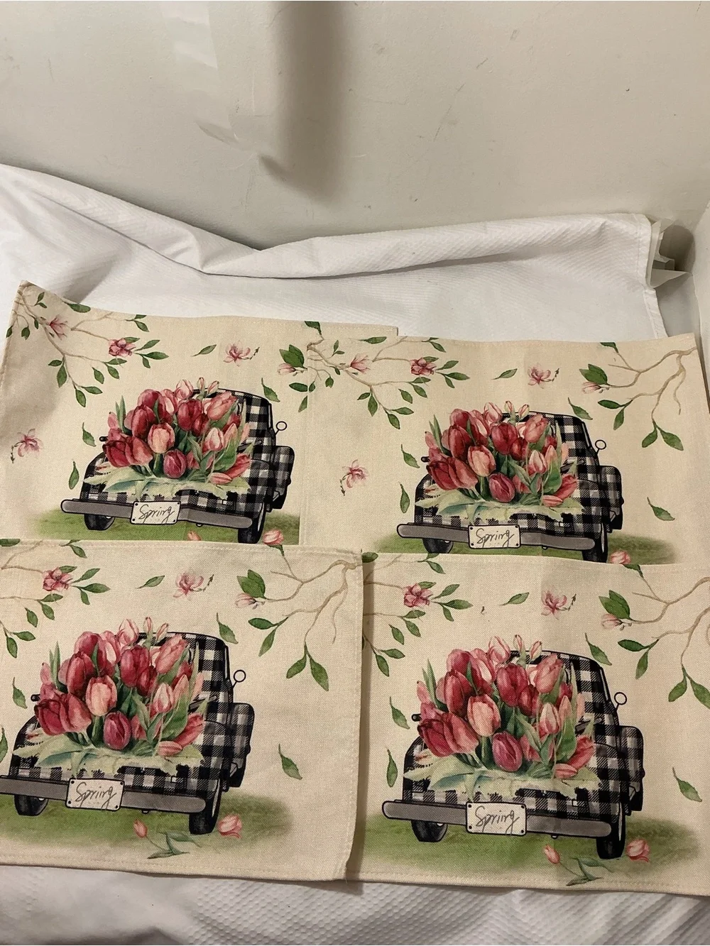 Spring Tulip Truck Decorative Kitchen Towel - Cream
